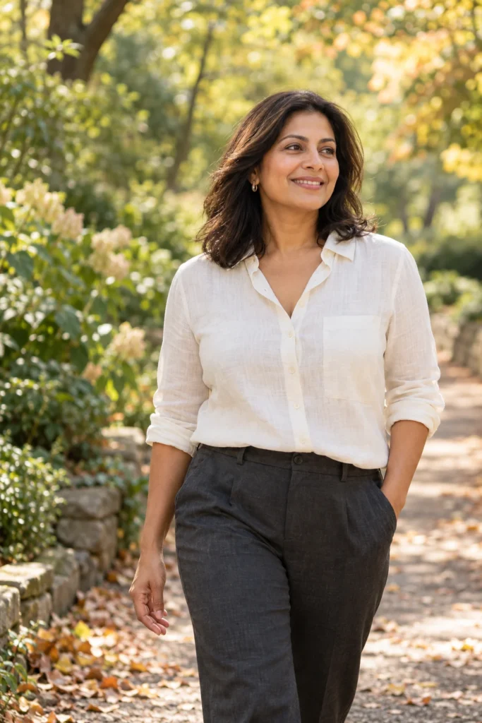 Illustrative lifestyle model enjoying a sunny garden walk
